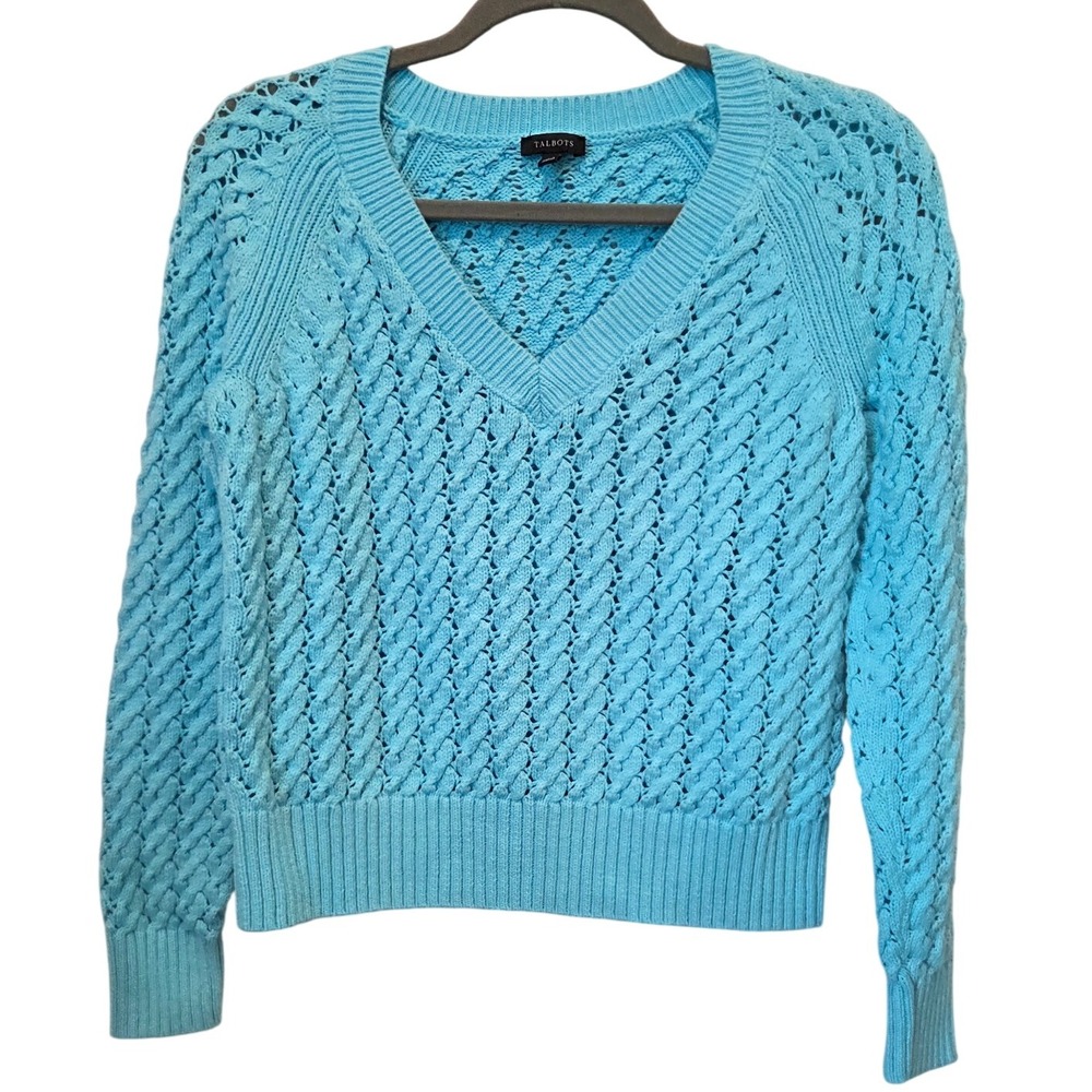 Talbots Women's Small Blue V-Neck Cable Knit Sweater Long Sleeve‎ Pullover